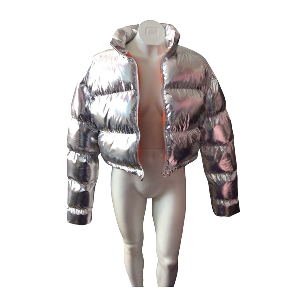 Silver Puffer Jacket with Orange Lining Size Medium - Picture 2 of 5
